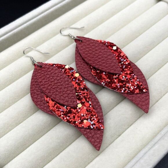 Red Faux Leather with Sequin Layered Leaf 316L Stainless Steel Hook Earrings - Picture 4 of 10